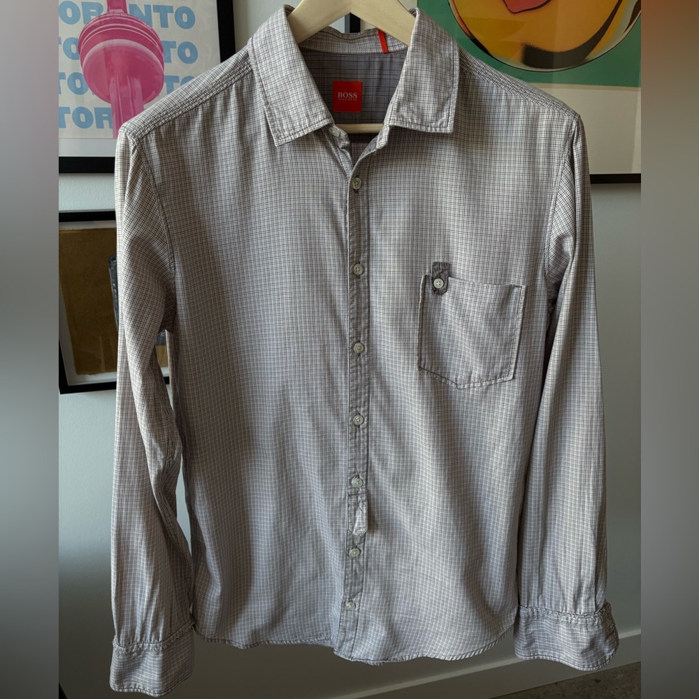 Hugo Boss Orange Y2K Casual Dress Shirt French Cuffs Brown/Cream Plaid Large